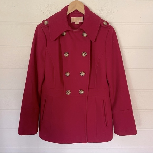 EUC Michael Kors Wool Blend Pea Coat in Cherry Red Size Small - Picture 1 of 8